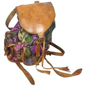Vintage Boho Leather & Tapestry Floral Backpack Purse 90s Festival‎ Bag Colorful